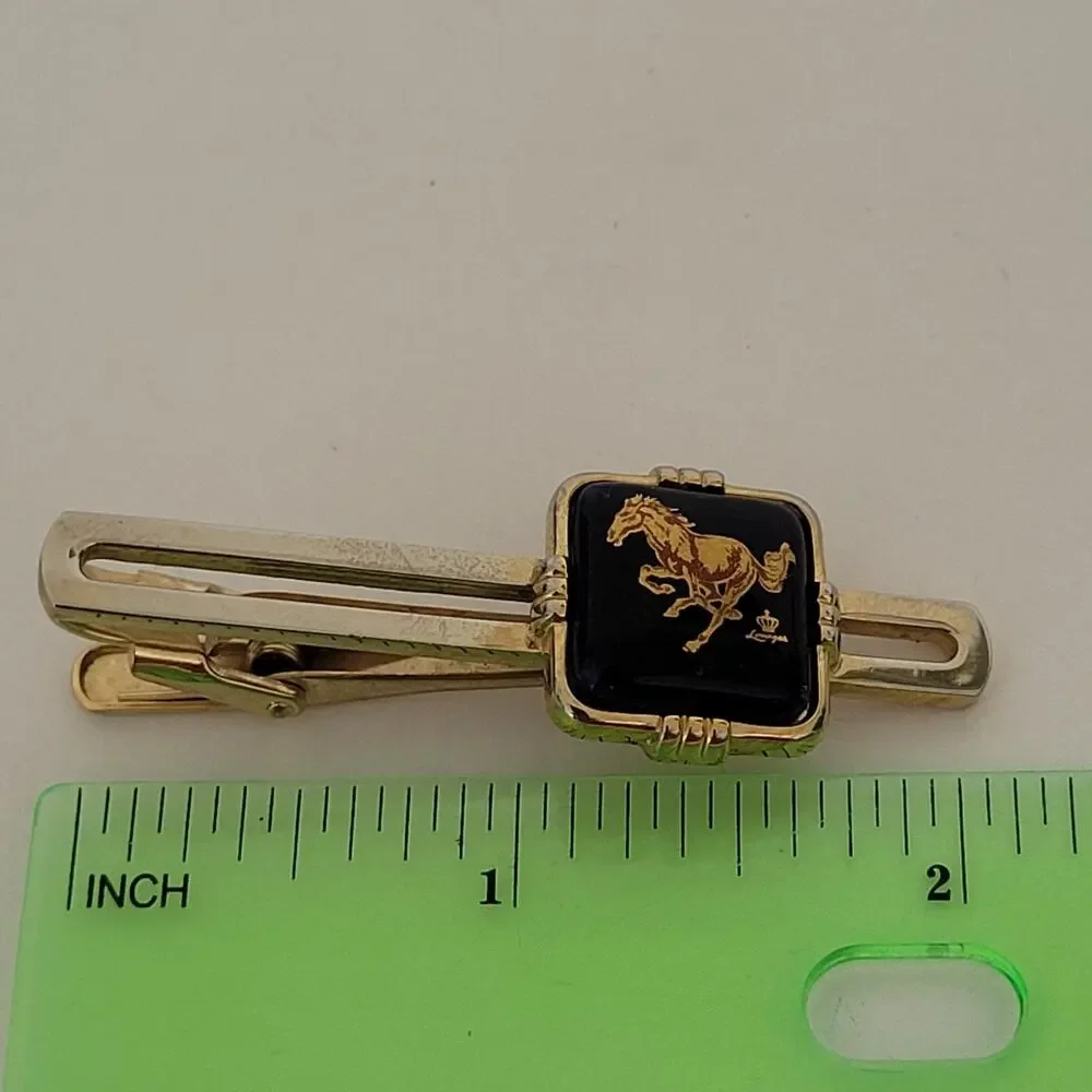 Limoges Castel France Gold Blue Tone Tie Clip Black‎ Horse Design 2 Inch